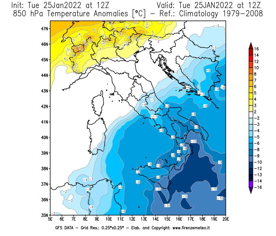 Mappa di analisi GFS - Anomalia Temperatura [°C] a 850 hPa in Italia
							del 25/01/2022 12 <!--googleoff: index-->UTC<!--googleon: index-->