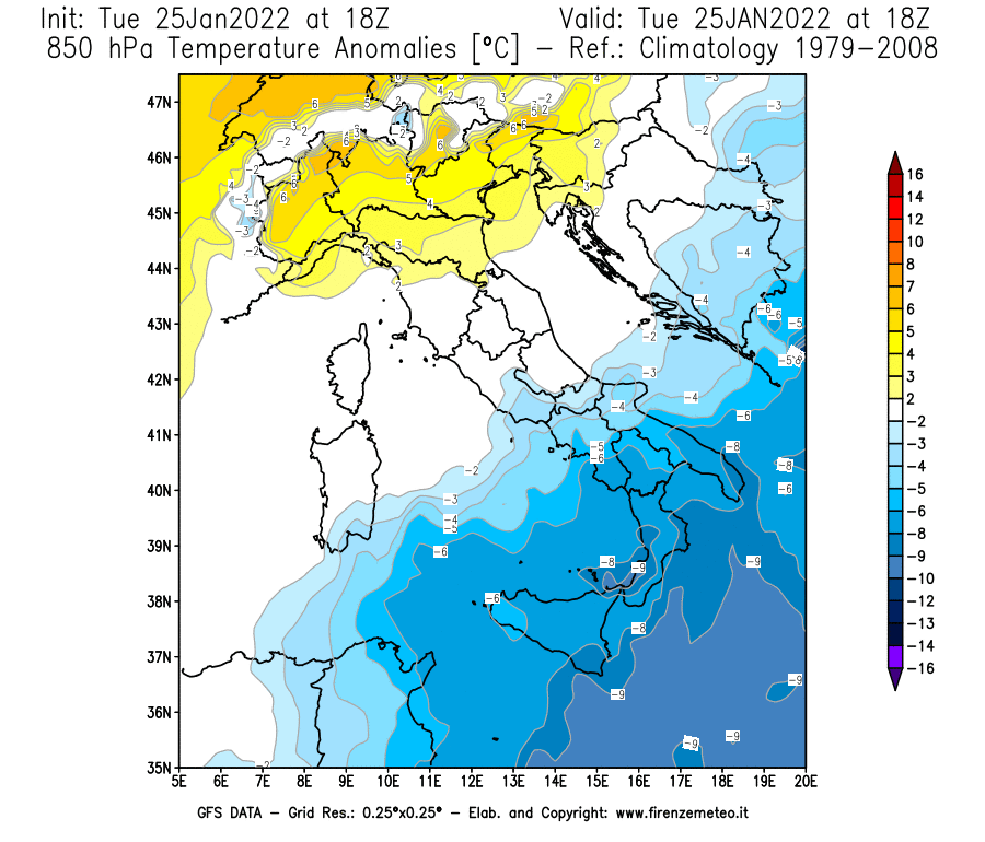 Mappa di analisi GFS - Anomalia Temperatura [°C] a 850 hPa in Italia
							del 25/01/2022 18 <!--googleoff: index-->UTC<!--googleon: index-->