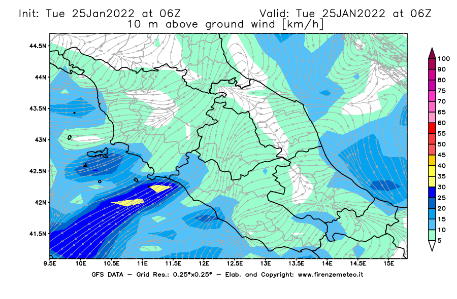 Mappa di analisi GFS - Velocità del vento a 10 metri dal suolo [km/h] in Centro-Italia
							del 25/01/2022 06 <!--googleoff: index-->UTC<!--googleon: index-->