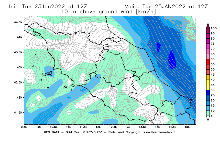 Mappa di analisi GFS - Velocità del vento a 10 metri dal suolo [km/h] in Centro-Italia
							del 25/01/2022 12 <!--googleoff: index-->UTC<!--googleon: index-->