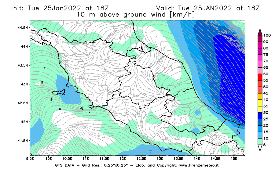 Mappa di analisi GFS - Velocità del vento a 10 metri dal suolo [km/h] in Centro-Italia
							del 25/01/2022 18 <!--googleoff: index-->UTC<!--googleon: index-->