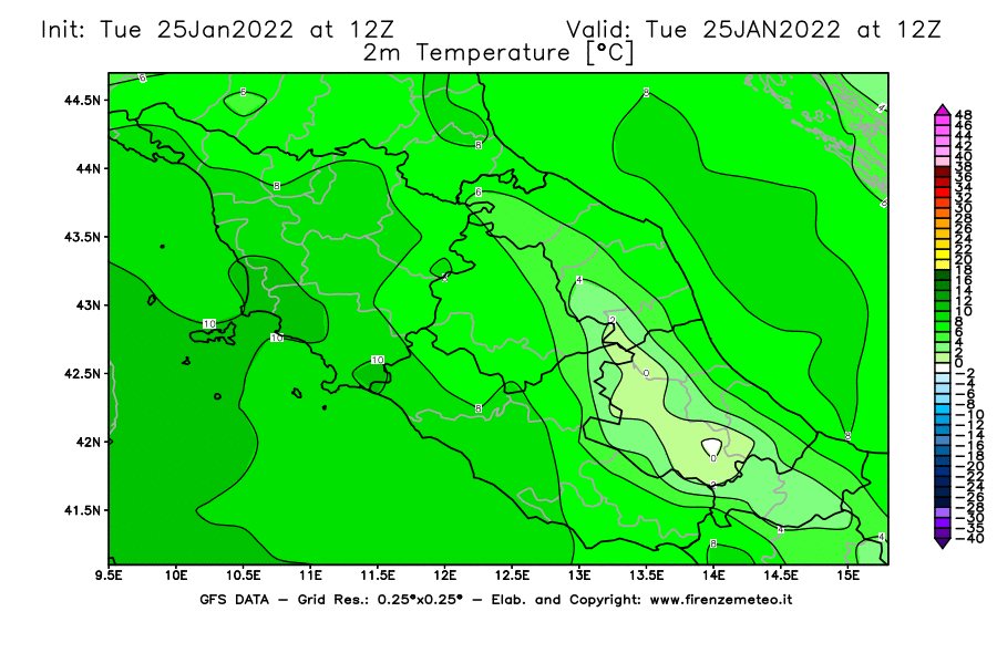 Mappa di analisi GFS - Temperatura a 2 metri dal suolo [°C] in Centro-Italia
							del 25/01/2022 12 <!--googleoff: index-->UTC<!--googleon: index-->