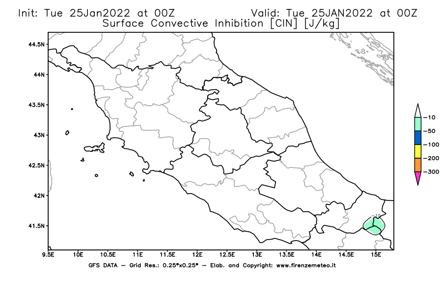 Mappa di analisi GFS - CIN [J/kg] in Centro-Italia
							del 25/01/2022 00 <!--googleoff: index-->UTC<!--googleon: index-->