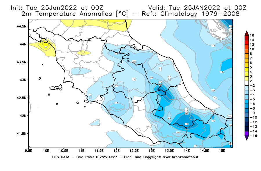 Mappa di analisi GFS - Anomalia Temperatura [°C] a 2 m in Centro-Italia
							del 25/01/2022 00 <!--googleoff: index-->UTC<!--googleon: index-->