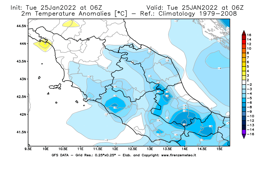 Mappa di analisi GFS - Anomalia Temperatura [°C] a 2 m in Centro-Italia
							del 25/01/2022 06 <!--googleoff: index-->UTC<!--googleon: index-->