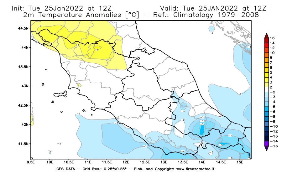 Mappa di analisi GFS - Anomalia Temperatura [°C] a 2 m in Centro-Italia
							del 25/01/2022 12 <!--googleoff: index-->UTC<!--googleon: index-->