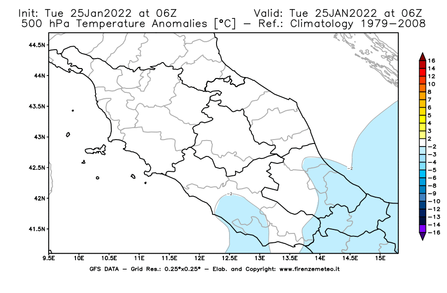 Mappa di analisi GFS - Anomalia Temperatura [°C] a 500 hPa in Centro-Italia
							del 25/01/2022 06 <!--googleoff: index-->UTC<!--googleon: index-->