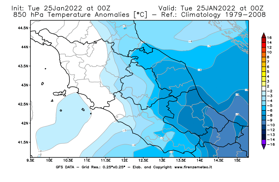 Mappa di analisi GFS - Anomalia Temperatura [°C] a 850 hPa in Centro-Italia
							del 25/01/2022 00 <!--googleoff: index-->UTC<!--googleon: index-->