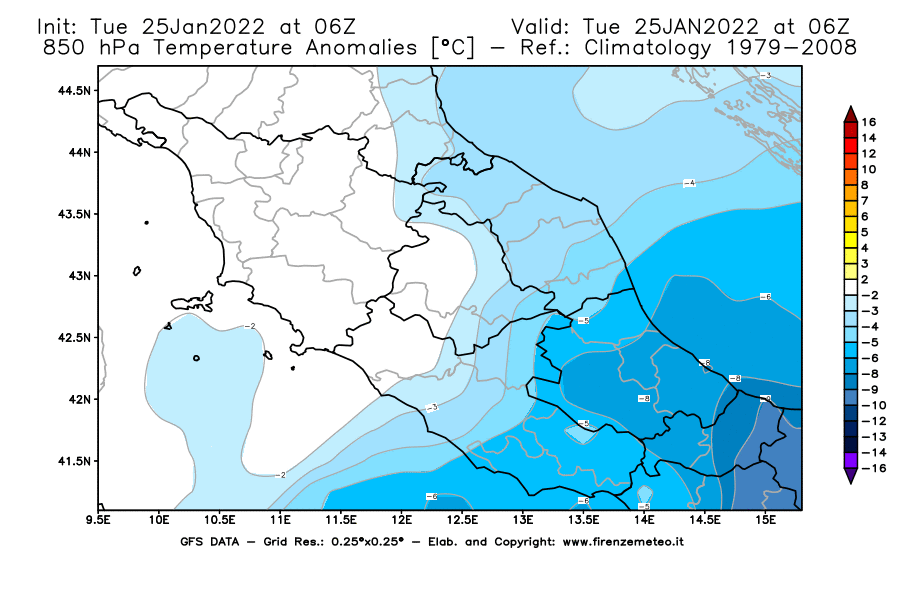 Mappa di analisi GFS - Anomalia Temperatura [°C] a 850 hPa in Centro-Italia
							del 25/01/2022 06 <!--googleoff: index-->UTC<!--googleon: index-->
