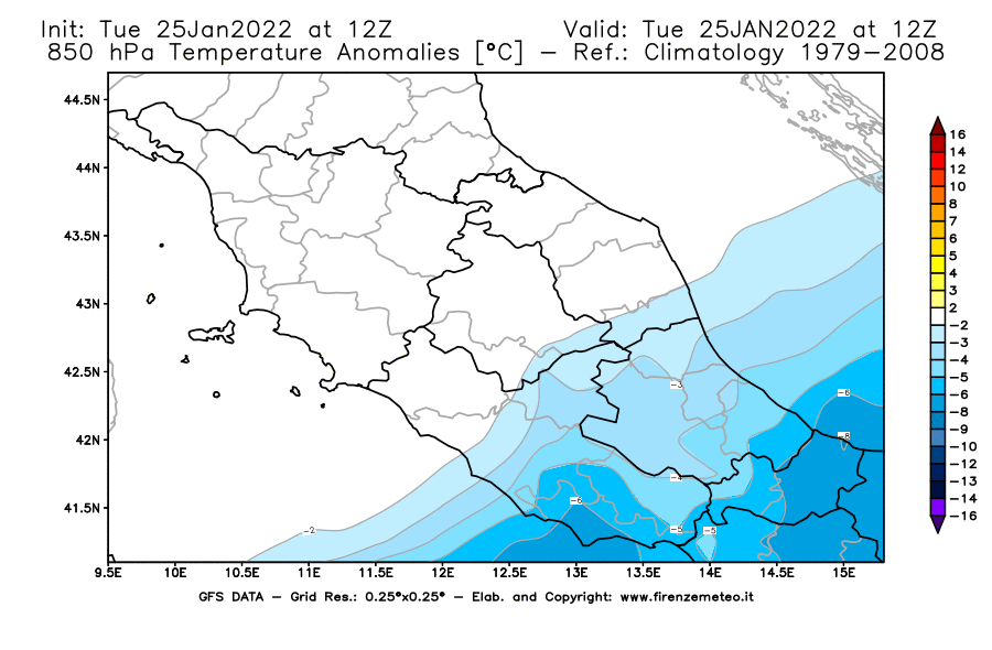 Mappa di analisi GFS - Anomalia Temperatura [°C] a 850 hPa in Centro-Italia
							del 25/01/2022 12 <!--googleoff: index-->UTC<!--googleon: index-->