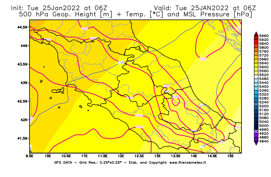 Mappa di analisi GFS - Geopotenziale [m] + Temp. [°C] a 500 hPa + Press. a livello del mare [hPa] in Centro-Italia
							del 25/01/2022 06 <!--googleoff: index-->UTC<!--googleon: index-->