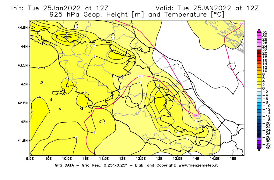 Mappa di analisi GFS - Geopotenziale [m] e Temperatura [°C] a 925 hPa in Centro-Italia
							del 25/01/2022 12 <!--googleoff: index-->UTC<!--googleon: index-->