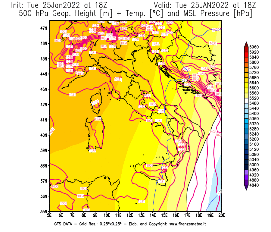 Mappa di analisi GFS - Geopotenziale [m] + Temp. [°C] a 500 hPa + Press. a livello del mare [hPa] in Italia
							del 25/01/2022 18 <!--googleoff: index-->UTC<!--googleon: index-->