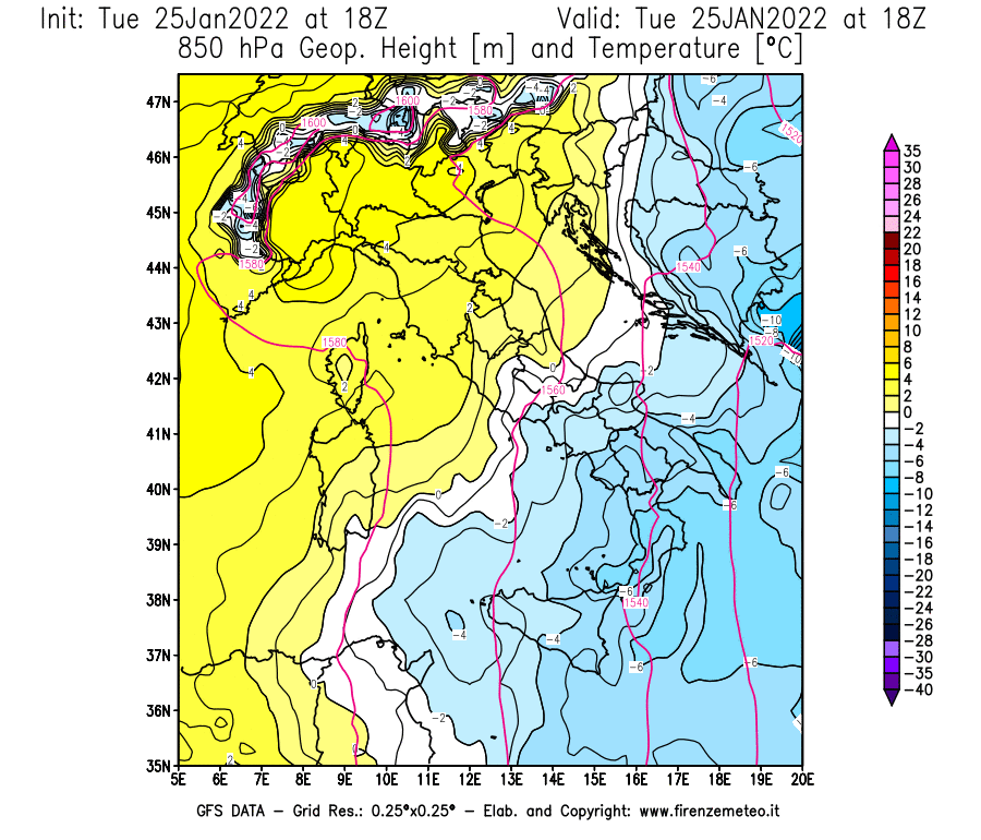 Mappa di analisi GFS - Geopotenziale [m] e Temperatura [°C] a 850 hPa in Italia
							del 25/01/2022 18 <!--googleoff: index-->UTC<!--googleon: index-->