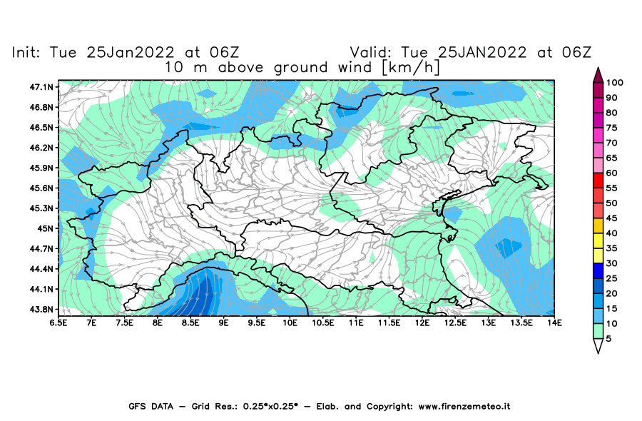 Mappa di analisi GFS - Velocità del vento a 10 metri dal suolo [km/h] in Nord-Italia
							del 25/01/2022 06 <!--googleoff: index-->UTC<!--googleon: index-->