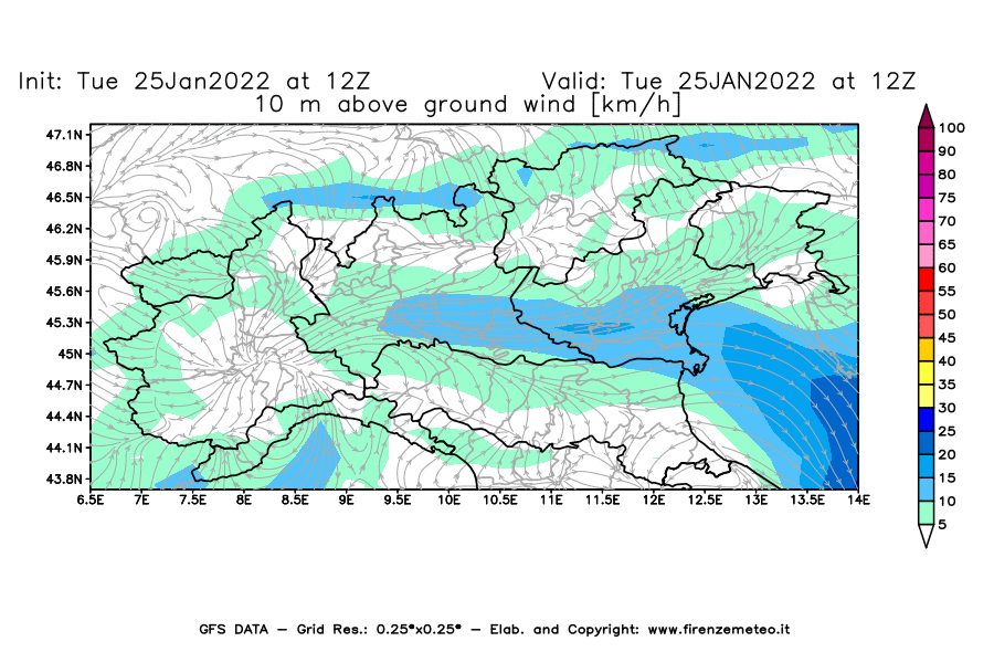 Mappa di analisi GFS - Velocità del vento a 10 metri dal suolo [km/h] in Nord-Italia
							del 25/01/2022 12 <!--googleoff: index-->UTC<!--googleon: index-->