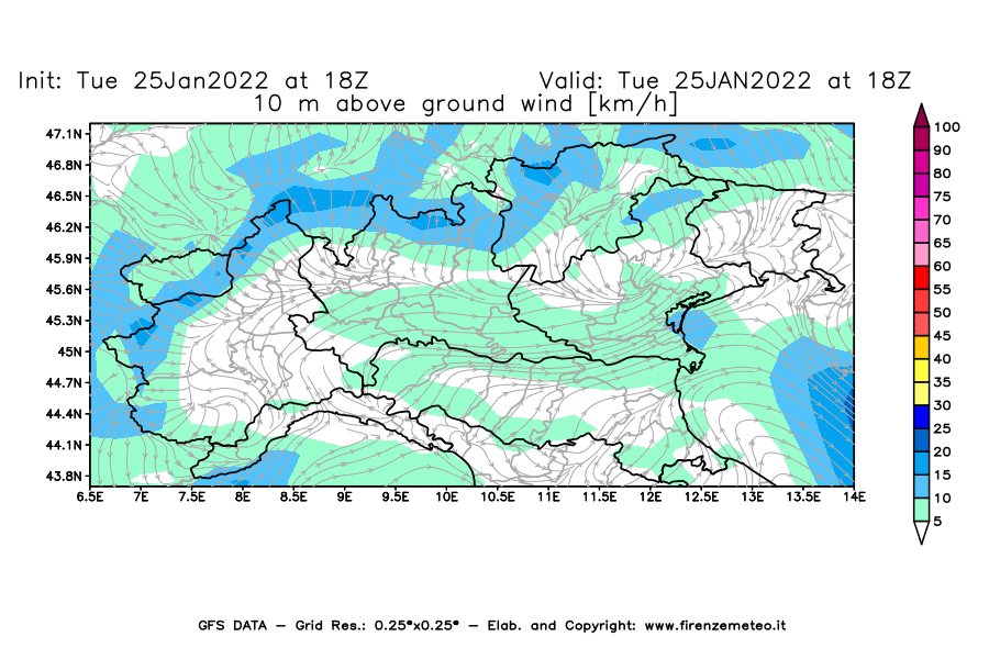 Mappa di analisi GFS - Velocità del vento a 10 metri dal suolo [km/h] in Nord-Italia
							del 25/01/2022 18 <!--googleoff: index-->UTC<!--googleon: index-->