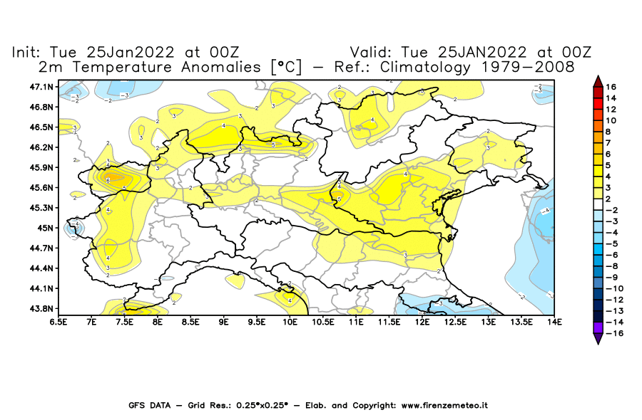Mappa di analisi GFS - Anomalia Temperatura [°C] a 2 m in Nord-Italia
							del 25/01/2022 00 <!--googleoff: index-->UTC<!--googleon: index-->