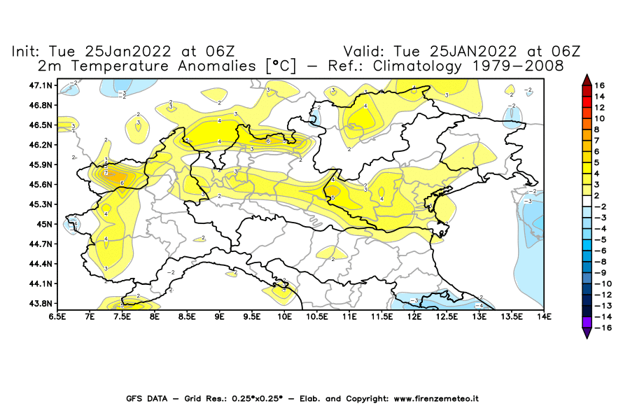 Mappa di analisi GFS - Anomalia Temperatura [°C] a 2 m in Nord-Italia
							del 25/01/2022 06 <!--googleoff: index-->UTC<!--googleon: index-->