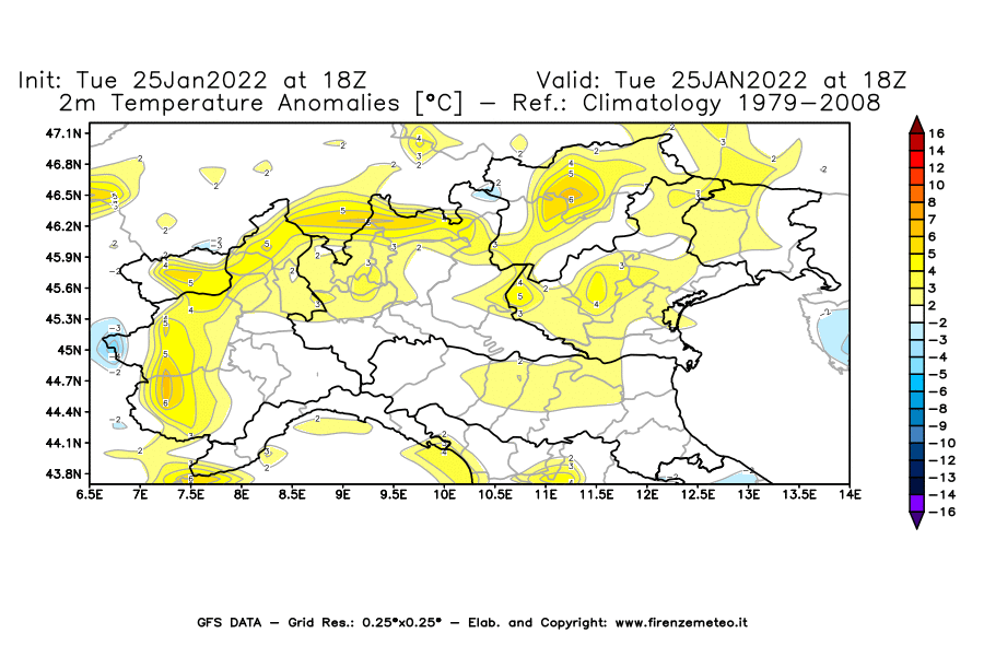Mappa di analisi GFS - Anomalia Temperatura [°C] a 2 m in Nord-Italia
							del 25/01/2022 18 <!--googleoff: index-->UTC<!--googleon: index-->