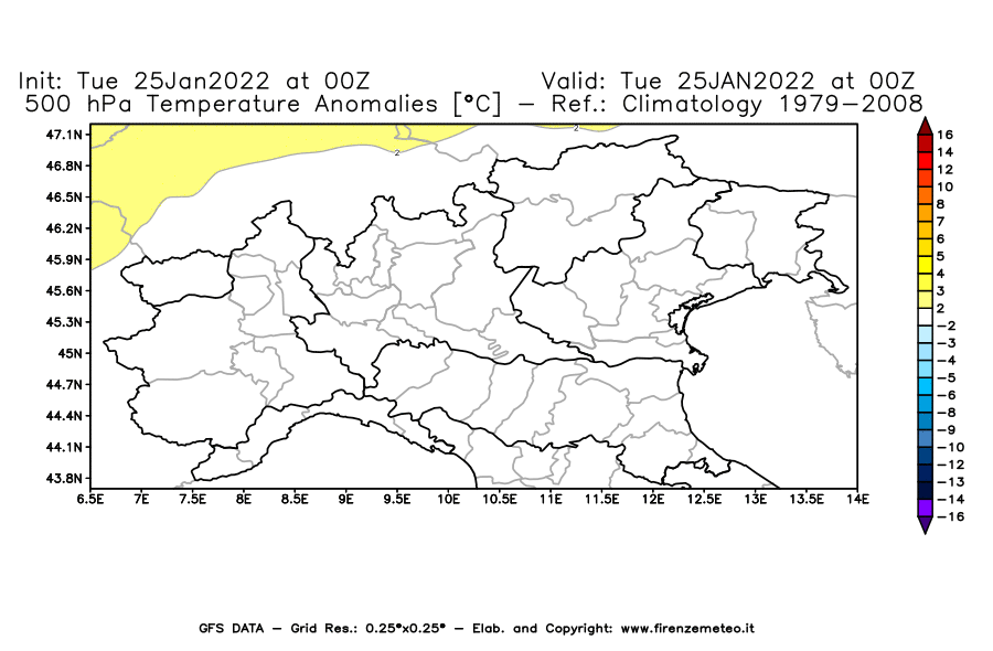 Mappa di analisi GFS - Anomalia Temperatura [°C] a 500 hPa in Nord-Italia
							del 25/01/2022 00 <!--googleoff: index-->UTC<!--googleon: index-->