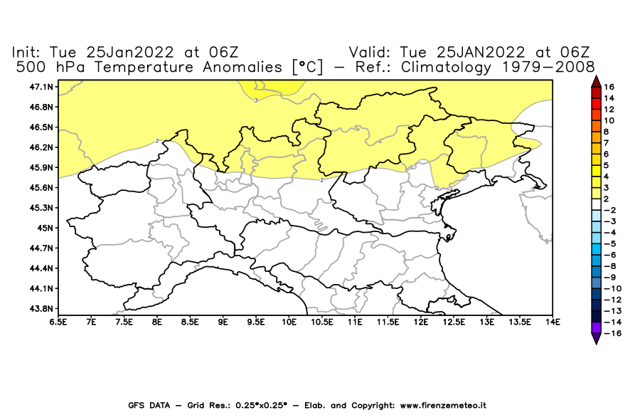Mappa di analisi GFS - Anomalia Temperatura [°C] a 500 hPa in Nord-Italia
							del 25/01/2022 06 <!--googleoff: index-->UTC<!--googleon: index-->