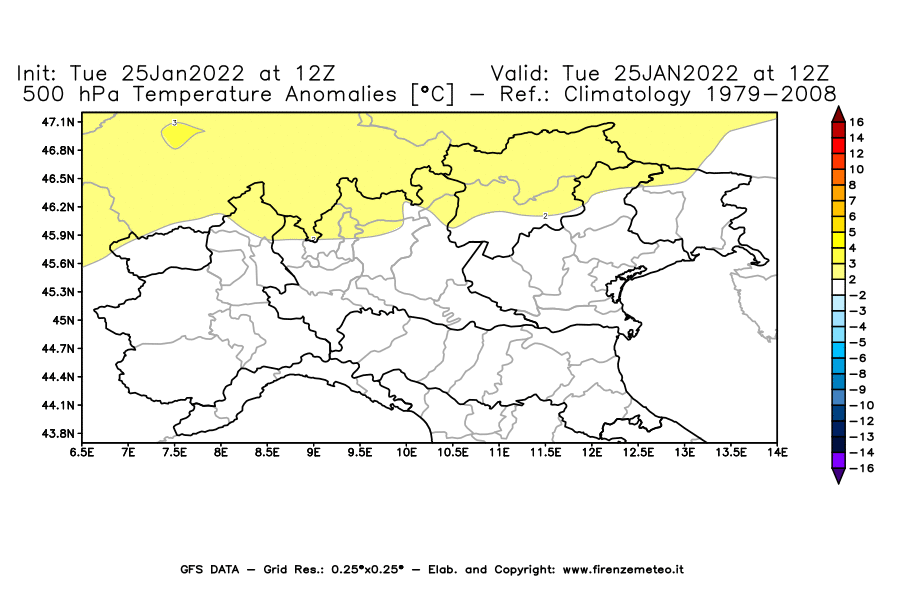 Mappa di analisi GFS - Anomalia Temperatura [°C] a 500 hPa in Nord-Italia
							del 25/01/2022 12 <!--googleoff: index-->UTC<!--googleon: index-->