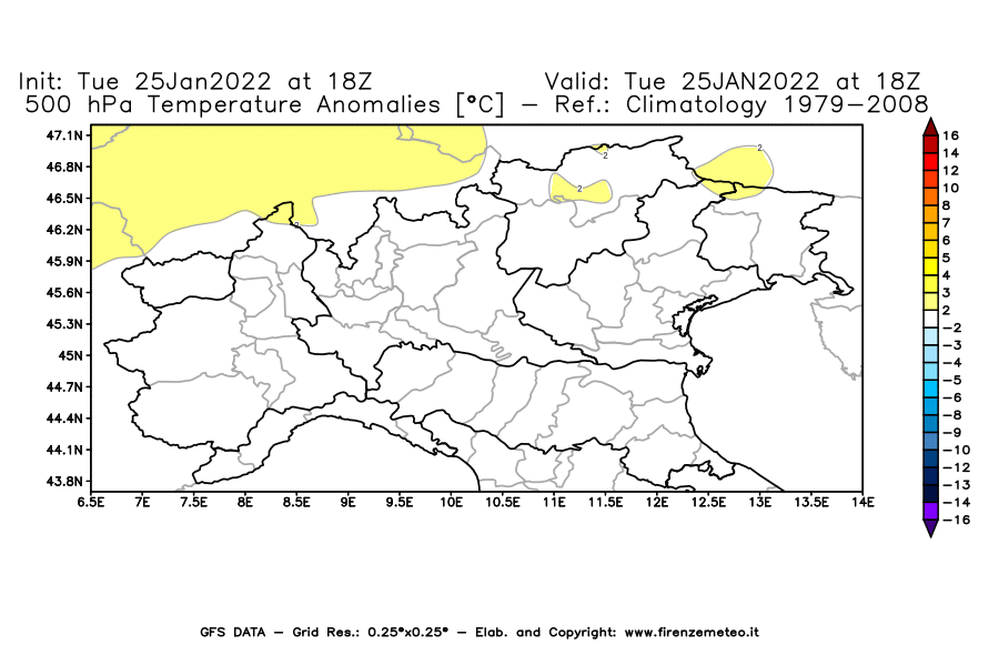 Mappa di analisi GFS - Anomalia Temperatura [°C] a 500 hPa in Nord-Italia
							del 25/01/2022 18 <!--googleoff: index-->UTC<!--googleon: index-->