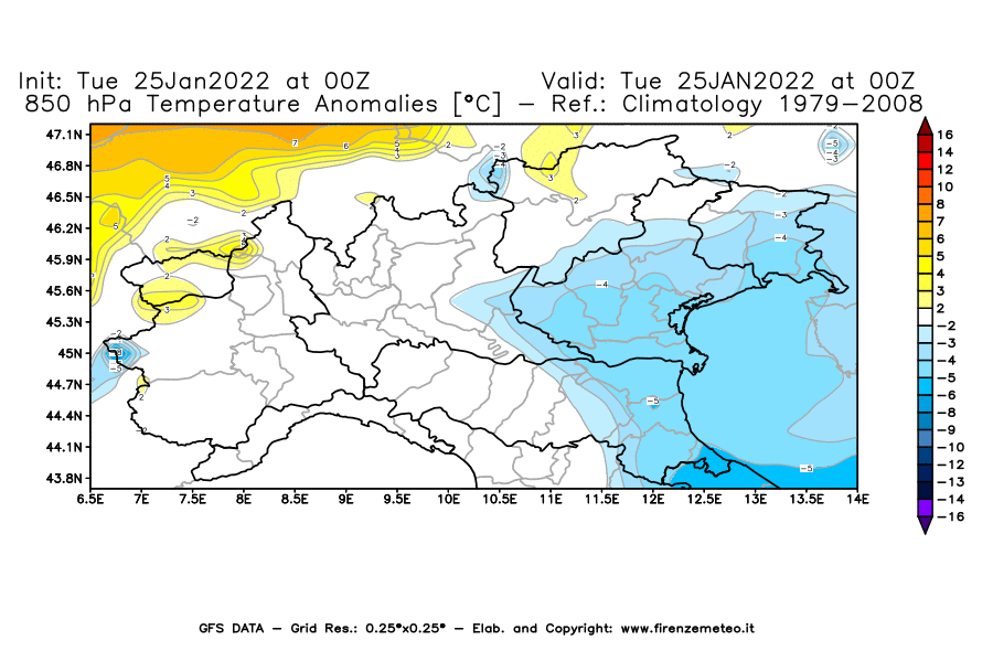 Mappa di analisi GFS - Anomalia Temperatura [°C] a 850 hPa in Nord-Italia
							del 25/01/2022 00 <!--googleoff: index-->UTC<!--googleon: index-->