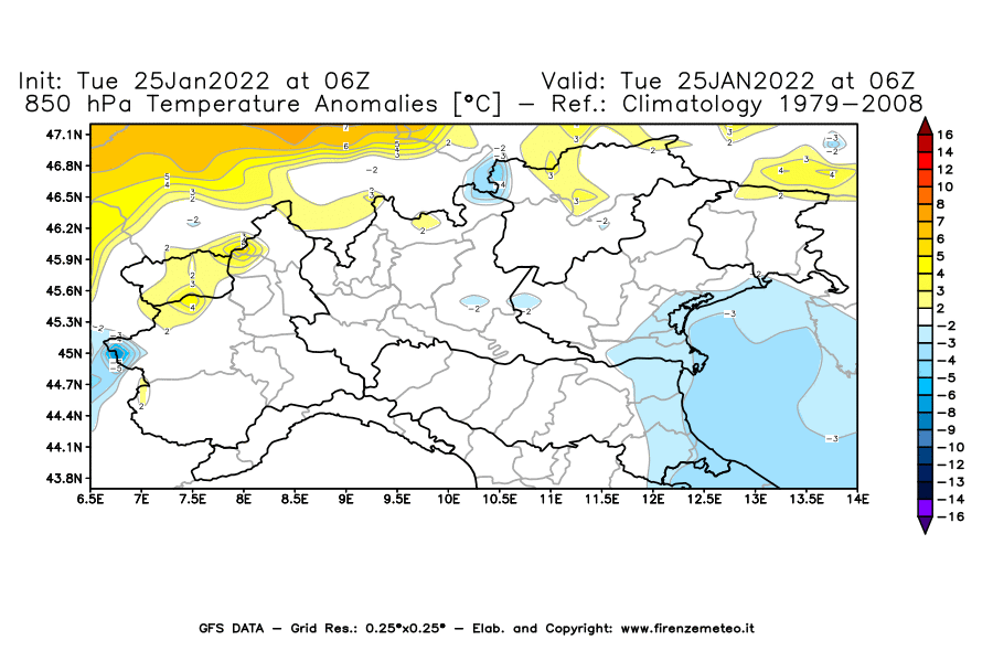 Mappa di analisi GFS - Anomalia Temperatura [°C] a 850 hPa in Nord-Italia
							del 25/01/2022 06 <!--googleoff: index-->UTC<!--googleon: index-->