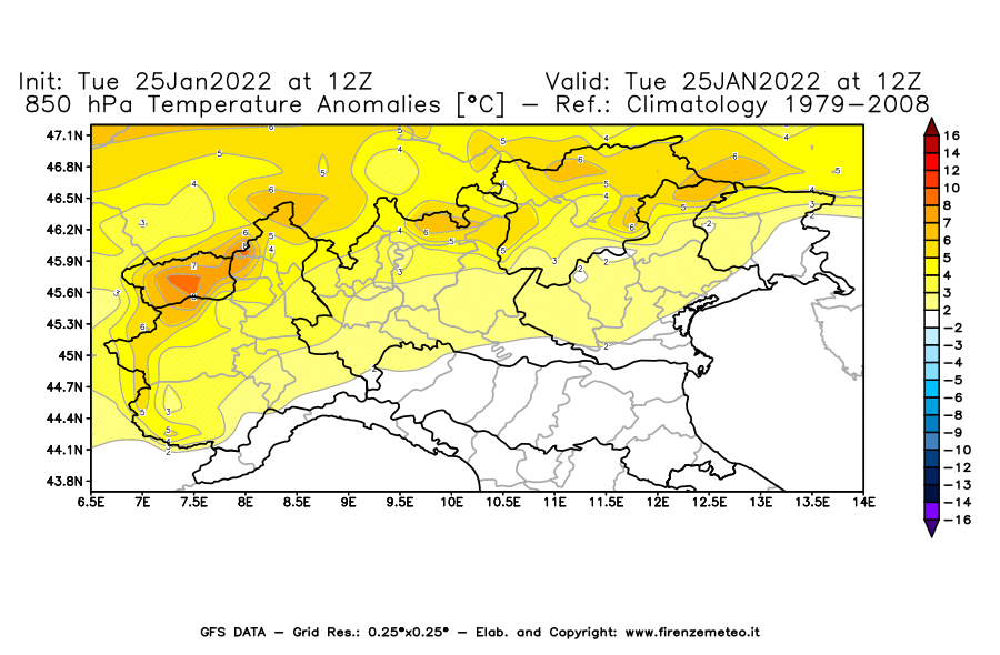 Mappa di analisi GFS - Anomalia Temperatura [°C] a 850 hPa in Nord-Italia
							del 25/01/2022 12 <!--googleoff: index-->UTC<!--googleon: index-->
