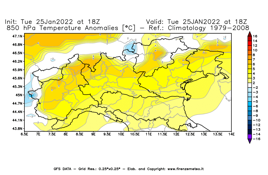 Mappa di analisi GFS - Anomalia Temperatura [°C] a 850 hPa in Nord-Italia
							del 25/01/2022 18 <!--googleoff: index-->UTC<!--googleon: index-->