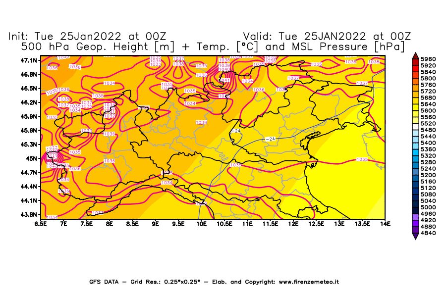Mappa di analisi GFS - Geopotenziale [m] + Temp. [°C] a 500 hPa + Press. a livello del mare [hPa] in Nord-Italia
							del 25/01/2022 00 <!--googleoff: index-->UTC<!--googleon: index-->