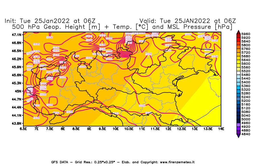 Mappa di analisi GFS - Geopotenziale [m] + Temp. [°C] a 500 hPa + Press. a livello del mare [hPa] in Nord-Italia
							del 25/01/2022 06 <!--googleoff: index-->UTC<!--googleon: index-->