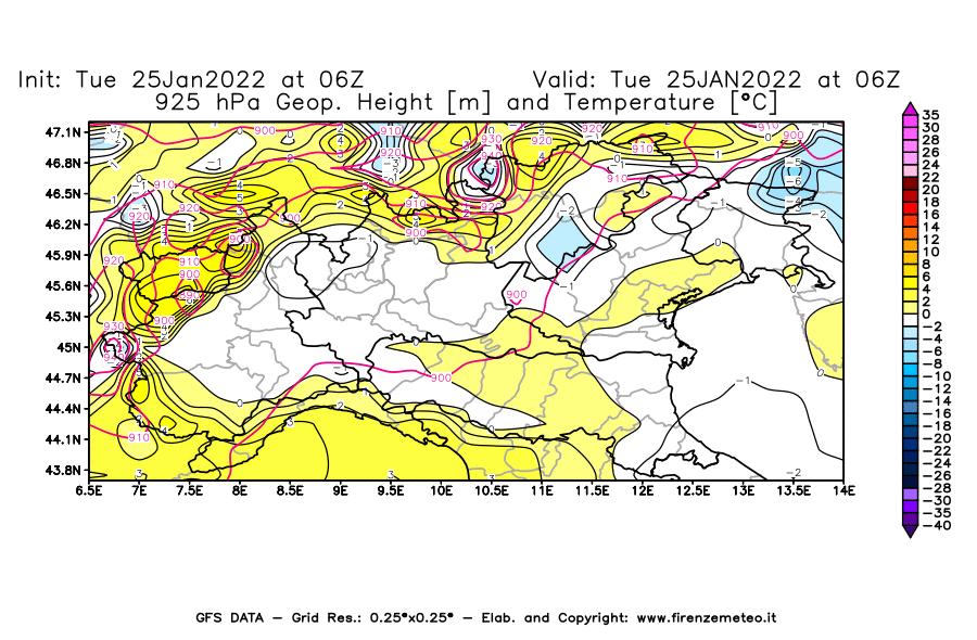 Mappa di analisi GFS - Geopotenziale [m] e Temperatura [°C] a 925 hPa in Nord-Italia
							del 25/01/2022 06 <!--googleoff: index-->UTC<!--googleon: index-->