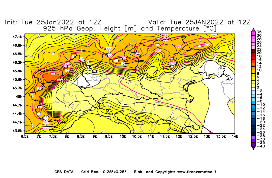 Mappa di analisi GFS - Geopotenziale [m] e Temperatura [°C] a 925 hPa in Nord-Italia
							del 25/01/2022 12 <!--googleoff: index-->UTC<!--googleon: index-->