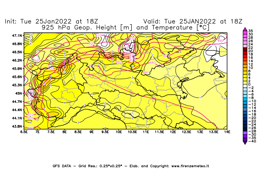 Mappa di analisi GFS - Geopotenziale [m] e Temperatura [°C] a 925 hPa in Nord-Italia
							del 25/01/2022 18 <!--googleoff: index-->UTC<!--googleon: index-->