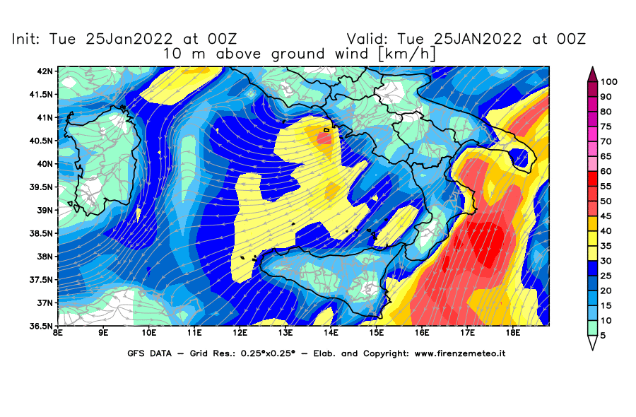 Mappa di analisi GFS - Velocità del vento a 10 metri dal suolo [km/h] in Sud-Italia
							del 25/01/2022 00 <!--googleoff: index-->UTC<!--googleon: index-->