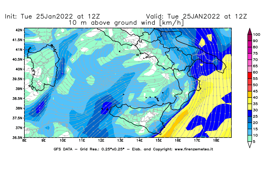 Mappa di analisi GFS - Velocità del vento a 10 metri dal suolo [km/h] in Sud-Italia
							del 25/01/2022 12 <!--googleoff: index-->UTC<!--googleon: index-->
