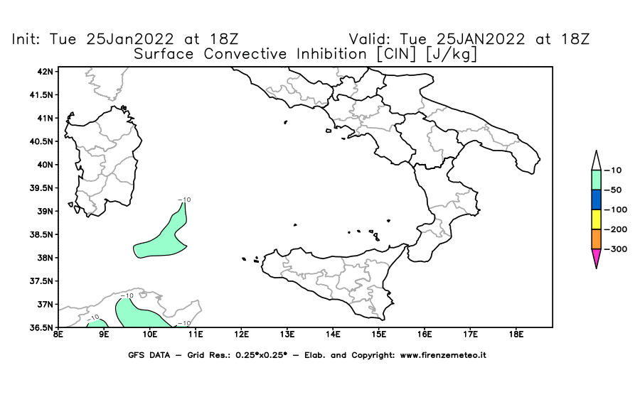 Mappa di analisi GFS - CIN [J/kg] in Sud-Italia
							del 25/01/2022 18 <!--googleoff: index-->UTC<!--googleon: index-->