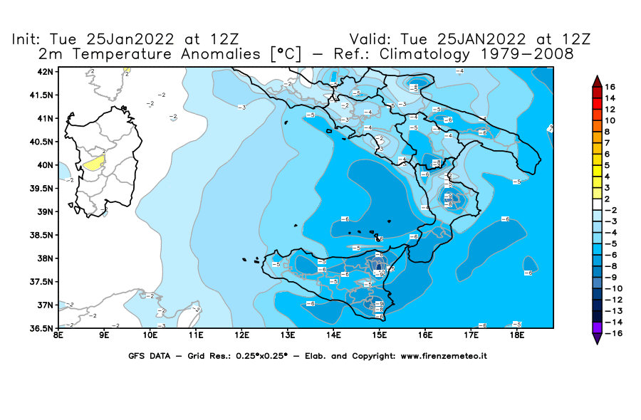 Mappa di analisi GFS - Anomalia Temperatura [°C] a 2 m in Sud-Italia
							del 25/01/2022 12 <!--googleoff: index-->UTC<!--googleon: index-->