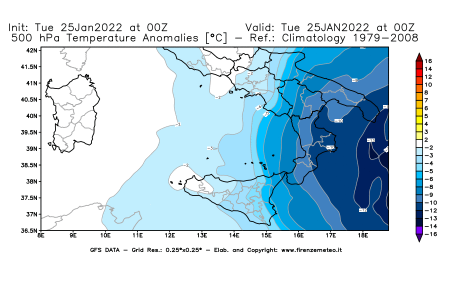 Mappa di analisi GFS - Anomalia Temperatura [°C] a 500 hPa in Sud-Italia
							del 25/01/2022 00 <!--googleoff: index-->UTC<!--googleon: index-->