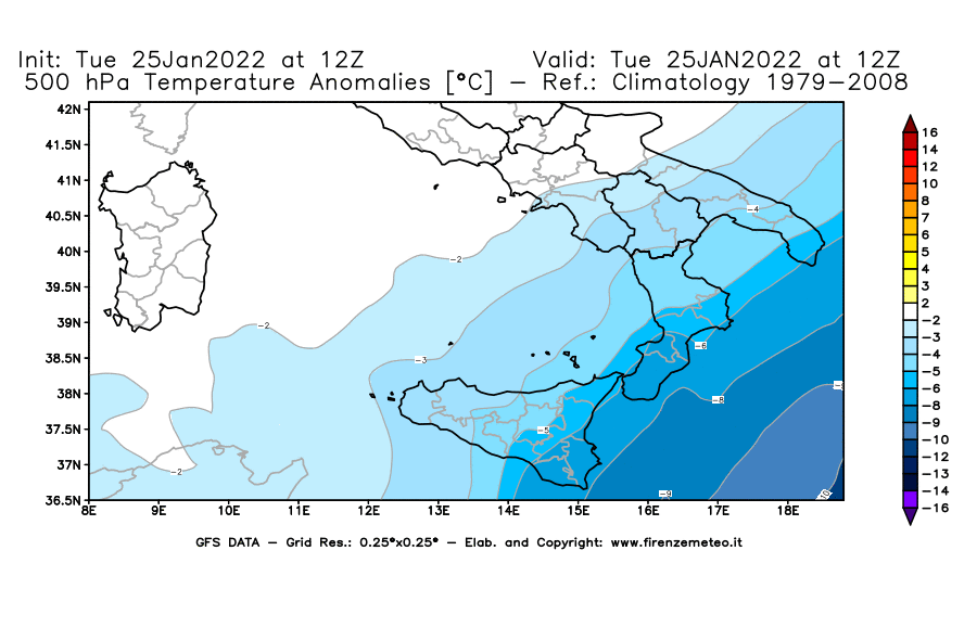Mappa di analisi GFS - Anomalia Temperatura [°C] a 500 hPa in Sud-Italia
							del 25/01/2022 12 <!--googleoff: index-->UTC<!--googleon: index-->