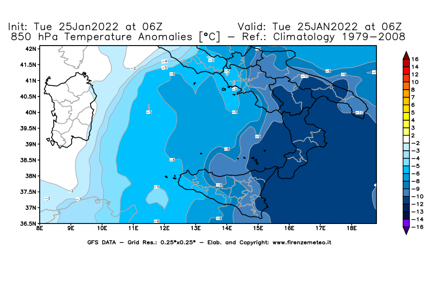 Mappa di analisi GFS - Anomalia Temperatura [°C] a 850 hPa in Sud-Italia
							del 25/01/2022 06 <!--googleoff: index-->UTC<!--googleon: index-->