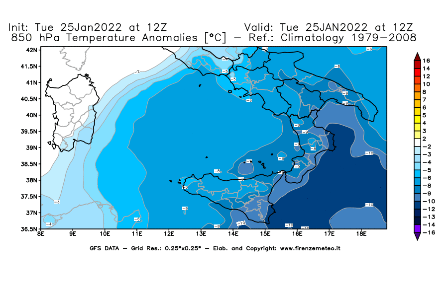 Mappa di analisi GFS - Anomalia Temperatura [°C] a 850 hPa in Sud-Italia
							del 25/01/2022 12 <!--googleoff: index-->UTC<!--googleon: index-->