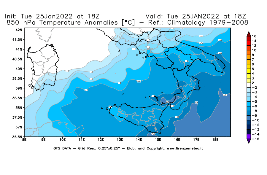 Mappa di analisi GFS - Anomalia Temperatura [°C] a 850 hPa in Sud-Italia
							del 25/01/2022 18 <!--googleoff: index-->UTC<!--googleon: index-->