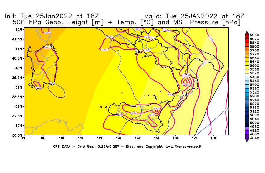 Mappa di analisi GFS - Geopotenziale [m] + Temp. [°C] a 500 hPa + Press. a livello del mare [hPa] in Sud-Italia
							del 25/01/2022 18 <!--googleoff: index-->UTC<!--googleon: index-->