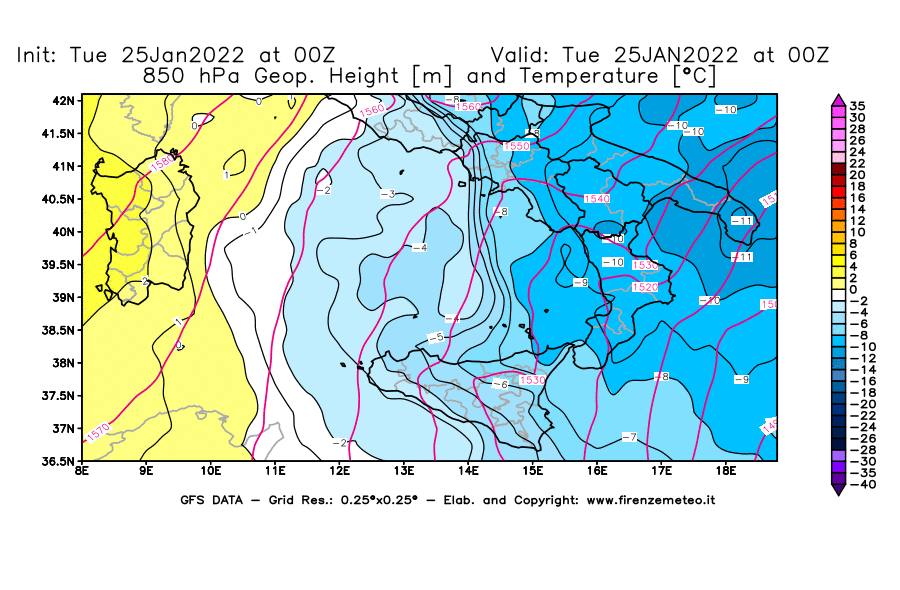 Mappa di analisi GFS - Geopotenziale [m] e Temperatura [°C] a 850 hPa in Sud-Italia
							del 25/01/2022 00 <!--googleoff: index-->UTC<!--googleon: index-->