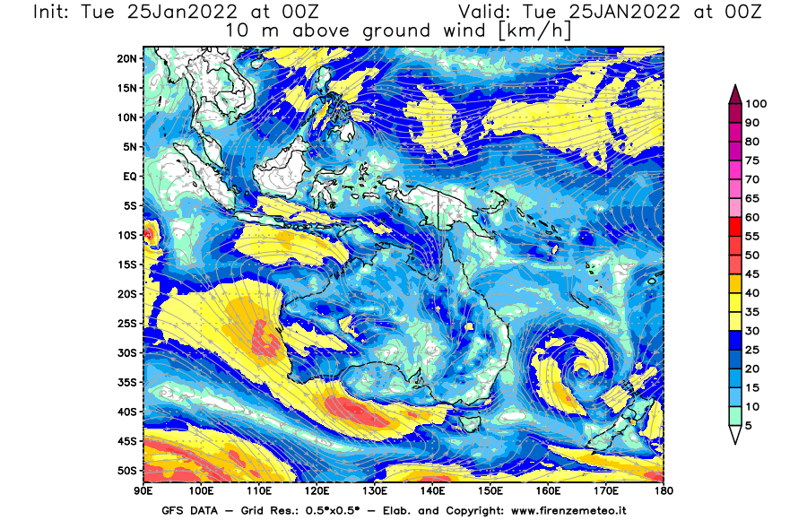 Mappa di analisi GFS - Velocità del vento a 10 metri dal suolo [km/h] in Oceania
							del 25/01/2022 00 <!--googleoff: index-->UTC<!--googleon: index-->