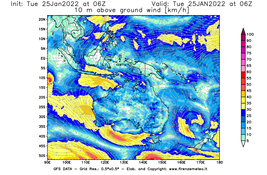 Mappa di analisi GFS - Velocità del vento a 10 metri dal suolo [km/h] in Oceania
							del 25/01/2022 06 <!--googleoff: index-->UTC<!--googleon: index-->
